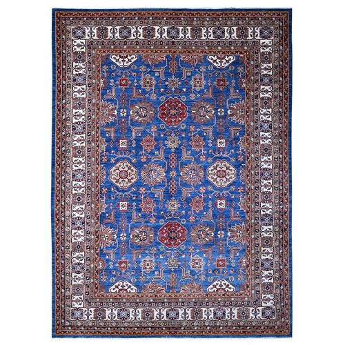 Periwinkle Blue With Daisy White Border, Vegetable Dyes, Super Kazak Geometric Elements, Velvety Wool, Hand Knotted, Oriental Rug