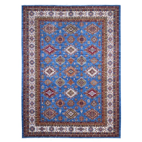 Spectrum Blue and Bistro White, Hand Knotted Soft and Pure Wool, Afghan Super Kazak Natural Dyes Tribal And Geometric Pattern, Gallery Size Oriental Rug
