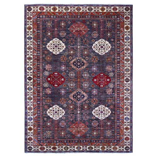 Graphite Gray With Ivory Border, Tribal Medallions Natural Dyes, Hand Knotted Afghan Super Kazak, Vibrant Wool Oriental Rug