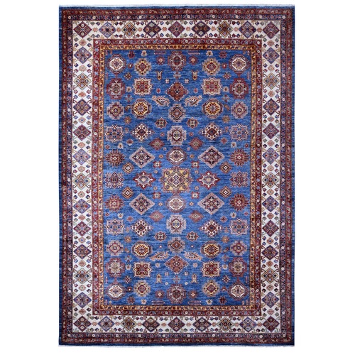 Warriors Blue and Extra White, Afghan Super Kazak All Over Geometric Motifs, Super Soft Wool Hand Knotted Natural Dyes Oriental Rug