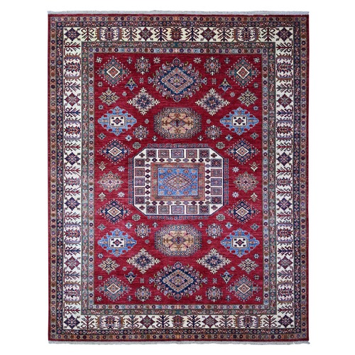 Cereza Red With Shoji White, Afghan Super Kazak All Over Design With Central Medallion, Vegetable Dyes,  Pure and Velvety Wool, Hand Knotted, Oriental Rug 