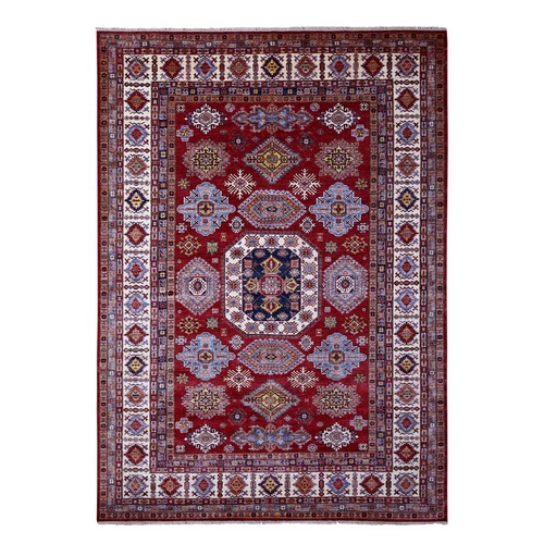 Scarlet Red, Afghan Super Kazak with Geometric Elements, Vegetable Dyes, Pure and Shiny Wool, Hand Knotted, Oriental 