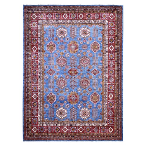 Dodger Blue and Burgundy Red, Hand Knotted Afghan Super Kazak With All Over Motifs, Organic Wool Vegetable Dyes, Oriental 