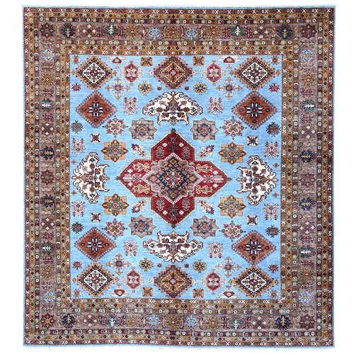 Skye Blue and Dusty Gray, Natural Wool, Hand Knotted, Vegetable Dyes, All Over Motif Super Kazak Oriental 