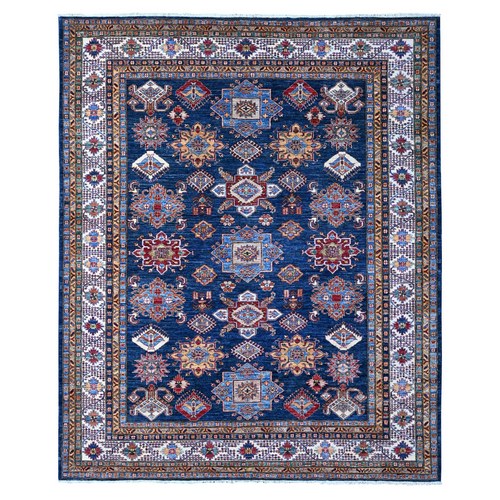 Duke Blue and Chiffon White, Vibrant Wool, Afghan Super Kazak With Geometric Medallions Design, Vegetable Dyes, Hand Knotted Oriental 