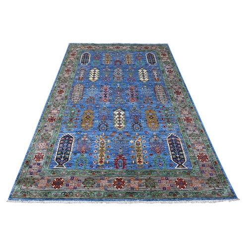 Lapis Blue and Elephant Gray, Pure Wool, Hand Knotted, Densely Woven, Afghan Super Kazak with Geometric Repetitive Tree Design, Vegetable Dyes, Oriental Rug