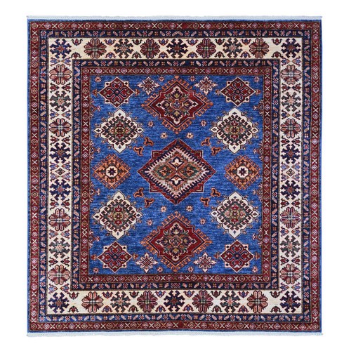 Berry Blue With Ivory Border, Afghan Super Kazak With All Over Geometric Medallions, Vegetables Dyes, Vibrant Wool, Hand Knotted Square Oriental 