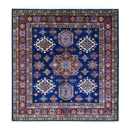 Boeing Blue and Falu Red, Afghan Super Kazak with Tribal Medallions Design, Natural Dyes, Pure Wool Hand Knotted, Square Oriental 