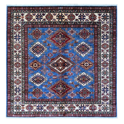 Byzantine Blue With Brilliant White, Afghan Super Kazak, 100% Wool Hand Knotted Natural Dyes, Tribal Elements, Square Oriental 