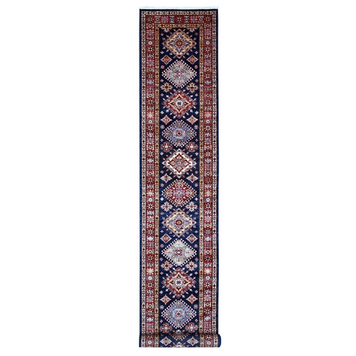 Autumn Blue, Extra Soft Wool, Afghan Hand Knotted Super Kazak XL Runner With Large Geometric Medallions, Natural Dyes, Oriental Rug