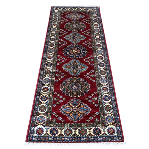 Burnt Peanut Red With Classic White, Afghan Super Kazak Geometric Design, Hand Knotted, 100% Wool, Natural Dyes Runner Oriental Rug