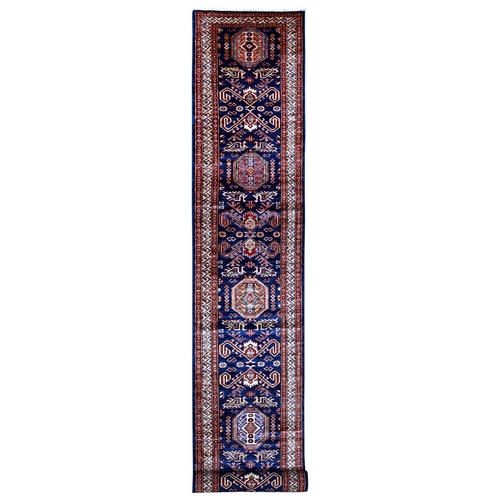 Visa Blue, Organic Wool, Hand Knotted Tribal and Geometric Pattern, Natural Dyes, Afghan Super Kazak XL Runner Oriental Rug