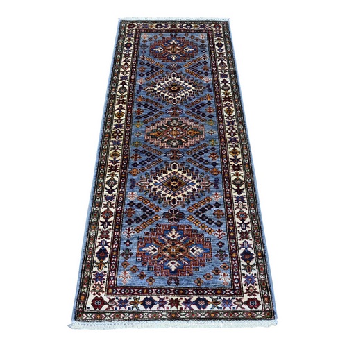 Glaucous Gray, Afghan Super Kazak With All Over Motifs, Hand Knotted, Natural Dyes, Soft and Vibrant Wool Runner Oriental Rug