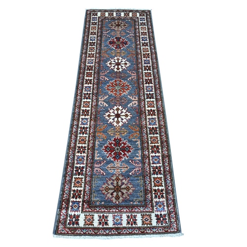 Uncertain Gray and Dove White, Afghan Super Kazak, 100% Wool, Geometric Design, Vegetable Dyes, Hand Knotted Oriental Runner Rug