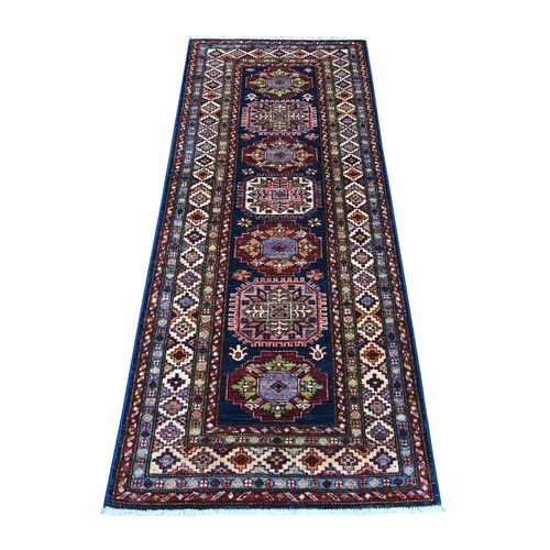 Yale Blue, Afghan Super Kazak With Geometric Medallions, Natural Dyes, All Wool, Hand Knotted Runner Oriental Rug