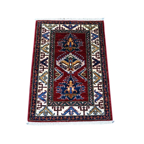 Picotee Blue, Afghan Natural Dyes Super Kazak Large Geometric Elements, Pure Wool, Hand Knotted Mat Oriental Rug