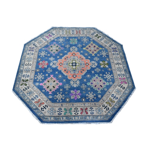 Bdazzled Blue, Velvety Wool, Colorful Caucasian Design, Hand Knotted Fusion Kazak, Octagon Oriental Rug