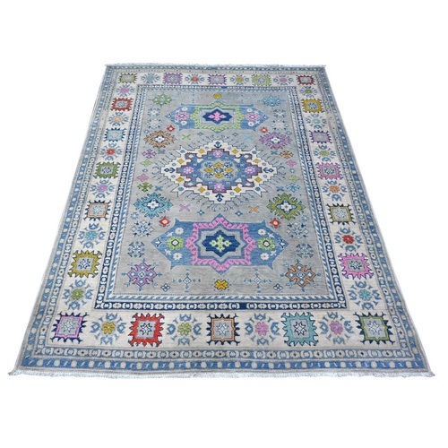 Cloud Gray, Colorful Hand Knotted Fusion Kazak, Soft And Shiny Wool, Caucasian Medallions All Over Design, Oriental Rug