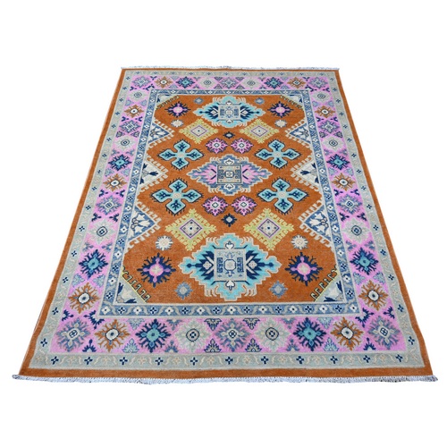 Alloy Orange, Hand Knotted, Pure And Shiny Wool, Caucasian Design, Fusion Kazak, Oriental Rug