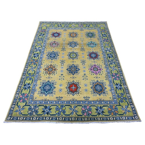 Old Gold, All Natural Wool, Hand Knotted, Fusion Kazak, Colorful Caucasian Motifs Design, Oriental Rug