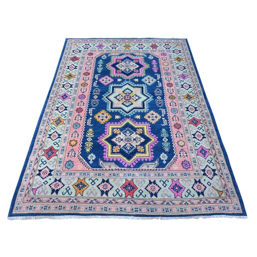 Lowes Blue, Multiple Borders, Hand Knotted With Pop Of Color, Fusion Kazak, All Over Vibrant Caucasian Elements, Oriental Rug