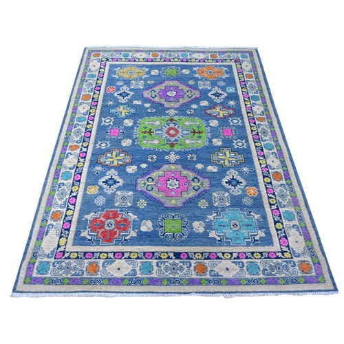 Steel Blue, Pure Wool, Hand Knotted All Over Caucasian Design, Colorful And Vibrant Fusion Kazak, Oriental Rug