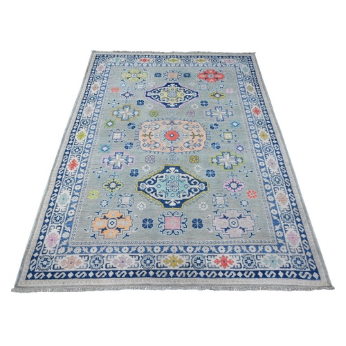 Harbor Gray, Hand Knotted Colorful Fusion Kazak, Caucasian Design, Natural Wool, Oriental Rug