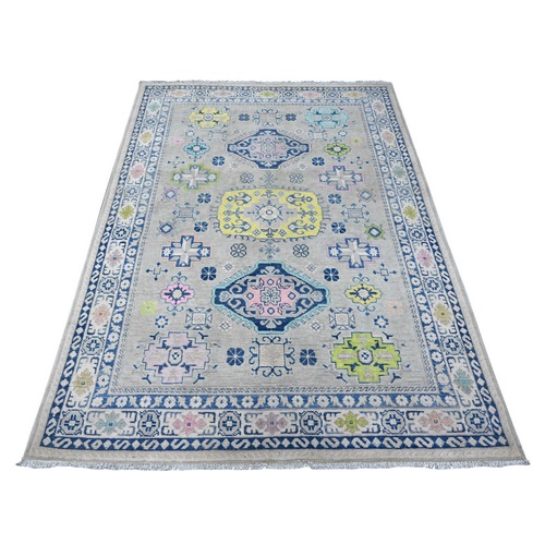 Stone Eagle Gray, Fusion Kazak, Soft And Velvety Wool, Hand Knotted With Colorful Caucasian Design, Oriental Rug