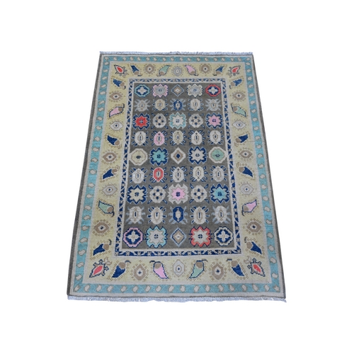 Power Gray, Extra Soft Wool, Hand Knotted With Colorful Caucasian Design, Fusion Kazak Oriental Rug