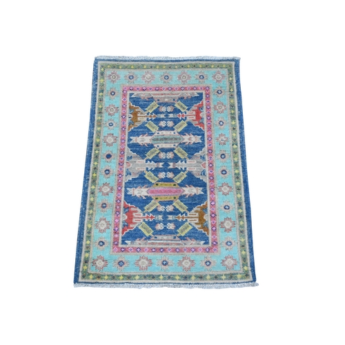 Chelsea Blue, Fusion Kazak With Organic Wool, All Over Caucasian Design, Hand Knotted, Mat Oriental Rug