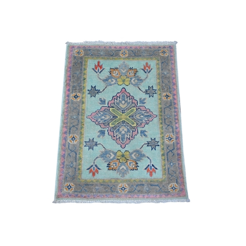 Non Photo Blue, Hand Knotted Fusion Kazak, Pure And Soft Wool, Floral Caucasian All Over Design, Mat Oriental Rug
