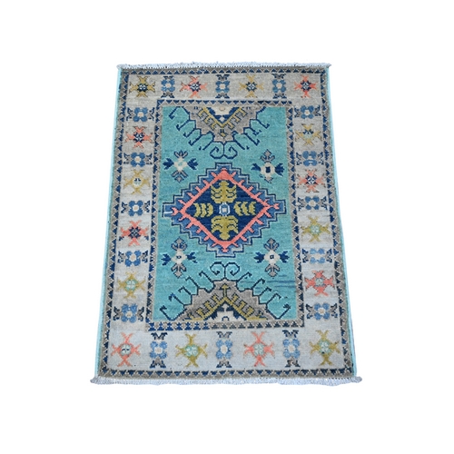 Baby Blue, Soft And Shiny Wool, Caucasian Elements All Over Design, Hand Knotted, Colorful Fusion Kazak, Mat Oriental Rug