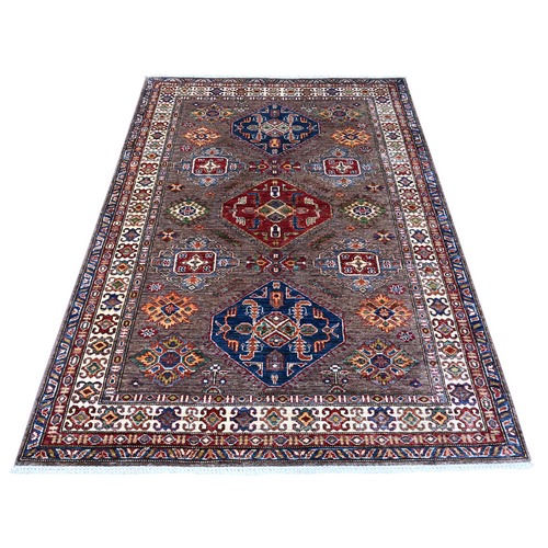 Cinereous Gray, Afghan Super Kazak With All Over Large Elements, Soft and Shiny Wool, Hand Knotted Vegetable Dyes Runner Oriental Rug