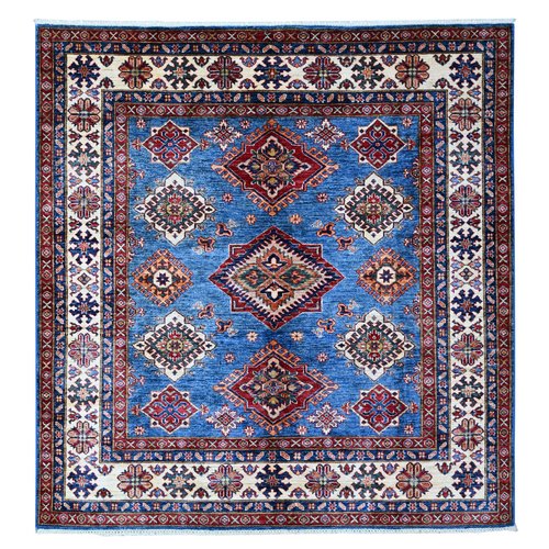 Intel Blue, Afghan Super Kazak, Velvety Wool, Hand Knotted Geometric Motifs Vegetable Dyes Square Oriental Rug