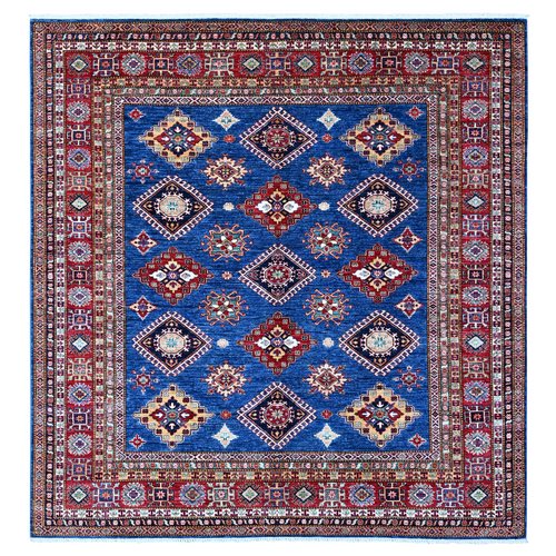 Indigo Blue, Shiny Wool, Hand Knotted, Vegetable Dyes, Super Kazak with Tribal Motifs, Oriental Square Rug 