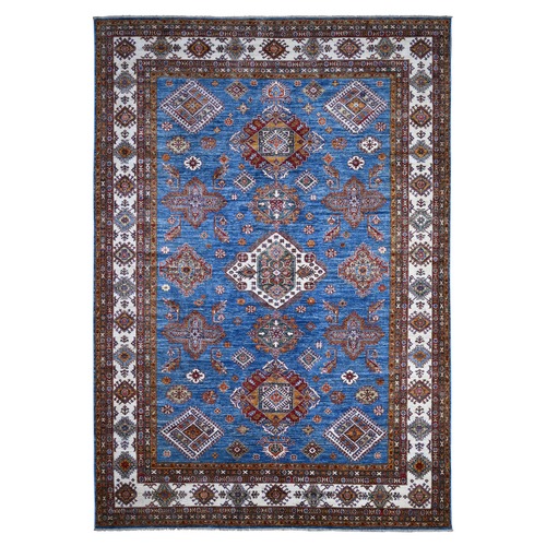 Celtic Blue, Multiple Border, Organic Wool Colorful Geometric Medallions Afghan Super Kazak, Natural Dyes Hand Knotted, Oriental Rug