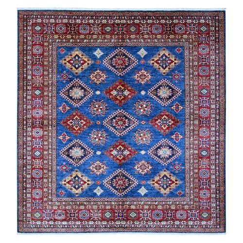 Medium Blue and Carnelian Red, Super Kazak with Colorful Repetitive Medallions Afghan Extra Soft Wool, Hand Knotted Square Oriental Rug