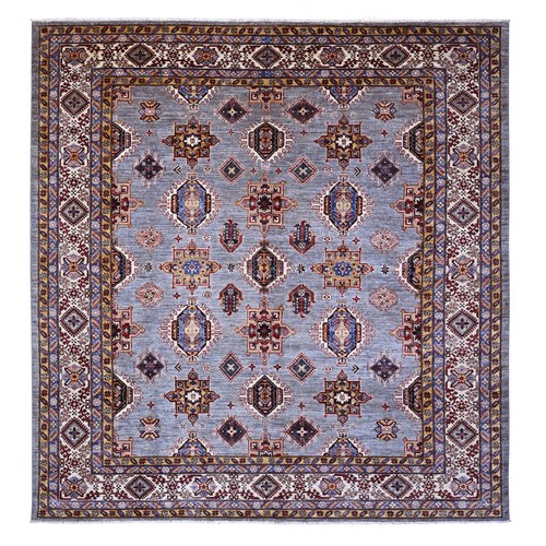 Blue Gray, Hand Knotted Vegetable Dyes, Afghan Super Kazak With All Over Geometric Design, Pure Wool, Square Oriental Rug