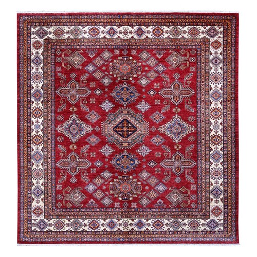 Scarlet Red, All Over Large Medallions, Hand Knotted Natural Dyes, Afghan Super Kazak, Shiny Wool, Oriental Square Rug
