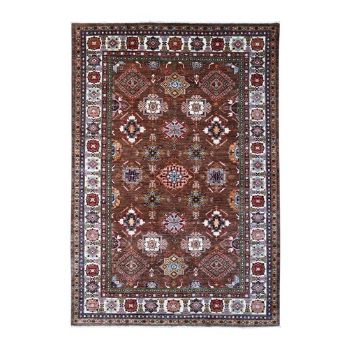 Sepia Brown, Vegetable Dyes Hand Knotted, Velvety Wool, Afghan Geometric Pattern All Over Super Kazak Oriental Rug