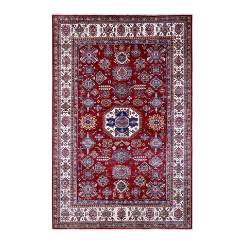Currant Red With Dove White, Afghan Super Kazak Natural Dyes, Extra Soft Wool, All Over Geometric Elements With Large Central Medallion, Hand Knotted Oriental Rug