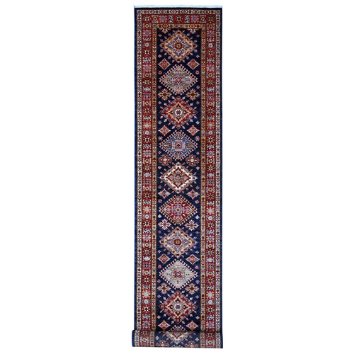 Prussian Blue and Barn Red, Hand Knotted Afghan Super Kazak With All Over Motifs, Natural Dyes, Organic Wool, XL Runner Oriental Rug