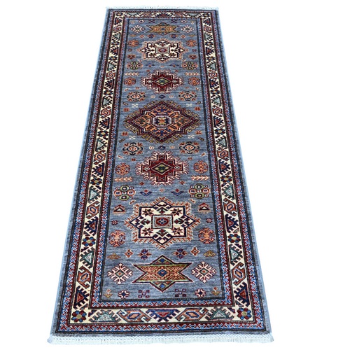 Oxford Gray, Hand Knotted Afghan Super Kazak With Large Medallions, Vegetable Dyes, Soft Wool, XL Runner Oriental Rug