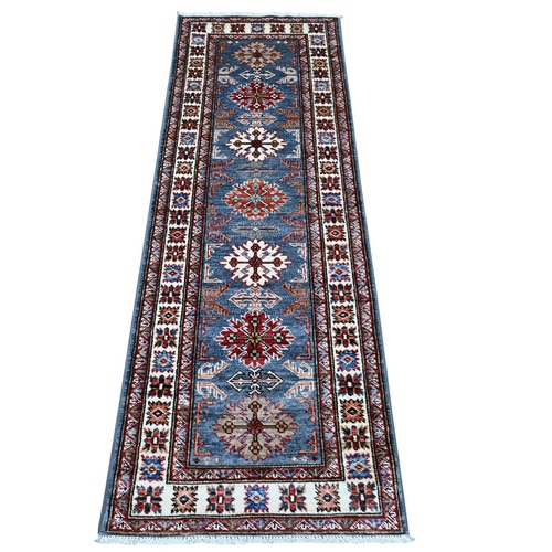 Providence Gray and Wisp White, All Over Design, Vegetable Dyes, Natural Wool, Hand Knotted, Densely Woven, Afghan Super Kazak, Oriental Short Runner Rug