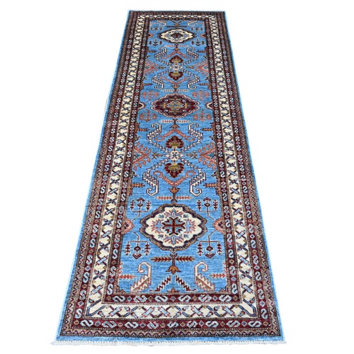 Copen Blue, Afghan Super Kazak Hand Knotted 100% Wool, Tribal And Geometric Medallions Design Vegetable Dyes Oriental Runner Rug