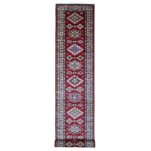 Mulberry Red, Ivory Border Hand Knotted Afghan Super Kazak All Over Geometric Design, Pure Wool, Vegetable Dyes Oriental XL Runner Rug