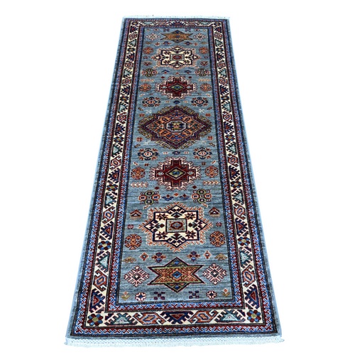 Whale Gray With Daisy White, Afghan Vegetable Dyes Tribal Elements All Over Super Kazak, Extra Soft Wool, Hand Knotted Runner Oriental Rug