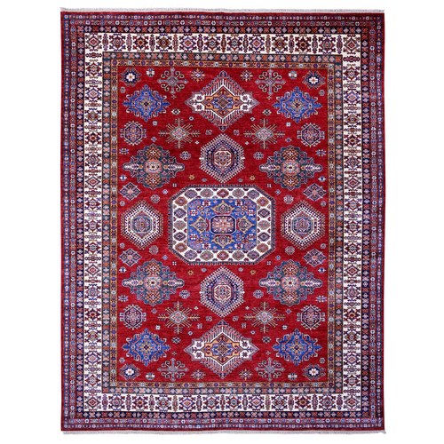 Crimson Red, Afghan Super Kazak with Geometric Medallions Design, Hand Knotted, Pure Wool, Vegetable Dyes, Oriental Rug