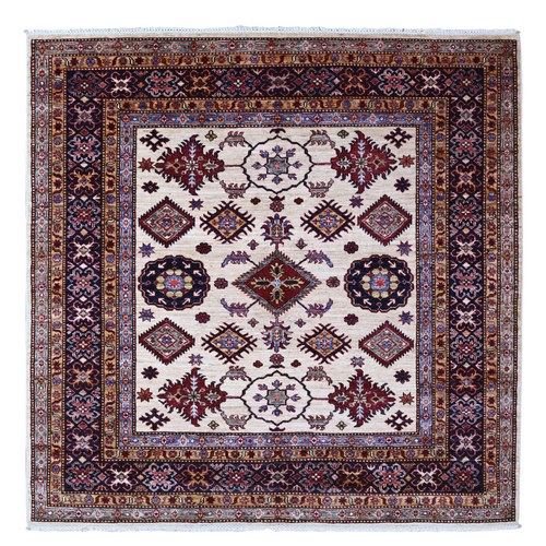 White Pepper, Soft And Velvety Wool Super Kazak Geometric Patterns Afghan Hand Knotted Vegetable Dyes Square Oriental Rug
