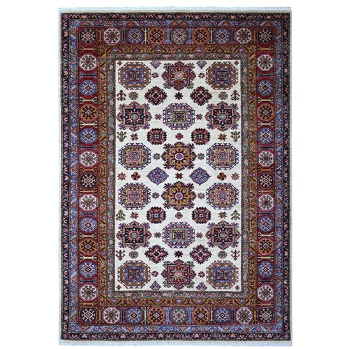 Chantilly Lace White, Afghan Super Kazak, Natural Wool, Tribal And Geometric Medallions, Vegetable Dyes Hand Knotted Oriental Rug